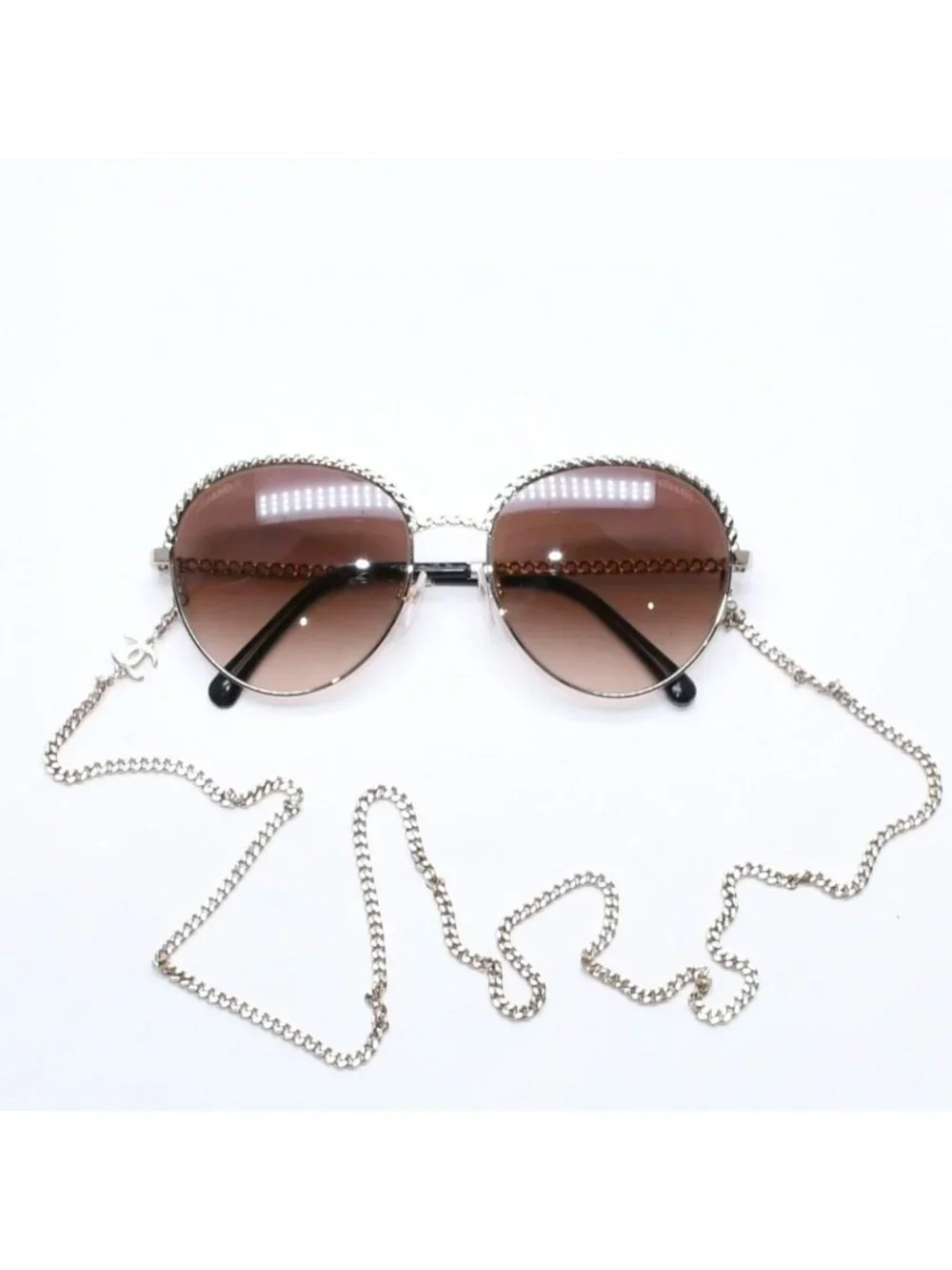 Chanel with Chain Sunglasses Metal Gold Eyewear